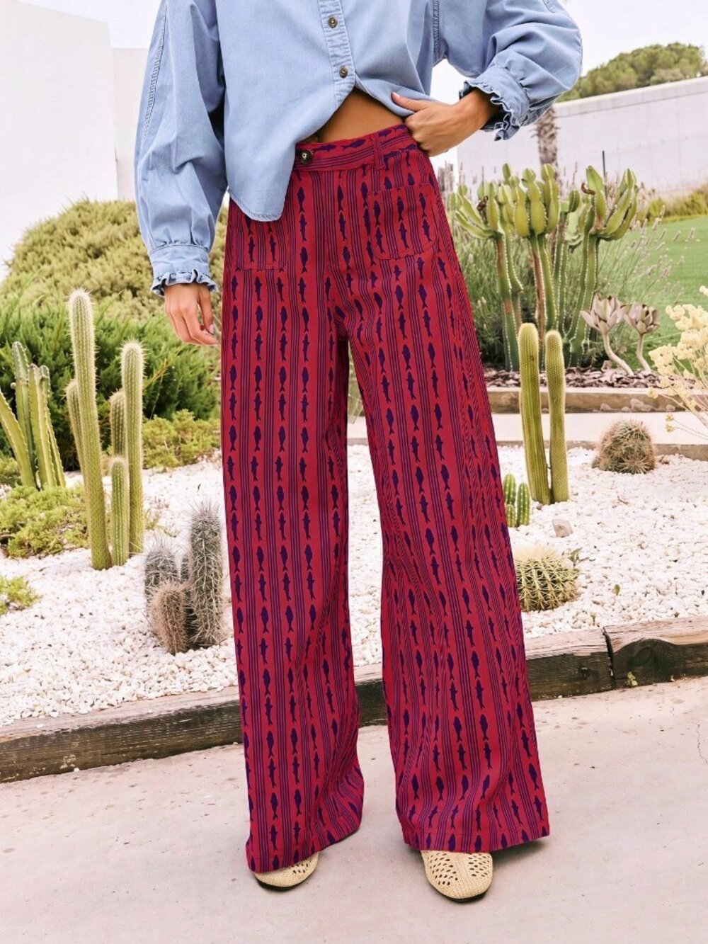Rose Red Casual Women's Random Print Wide-Leg Pants